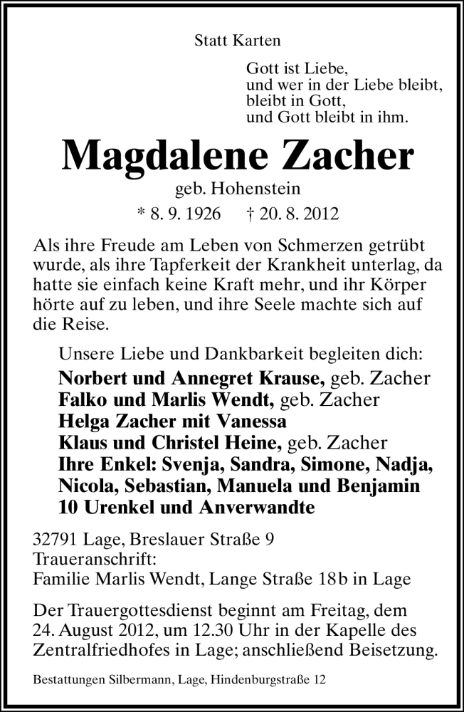 Traueranzeige für Magdalene Zacher vom 22.08.2012 aus Lippische Landes-Zeitung
