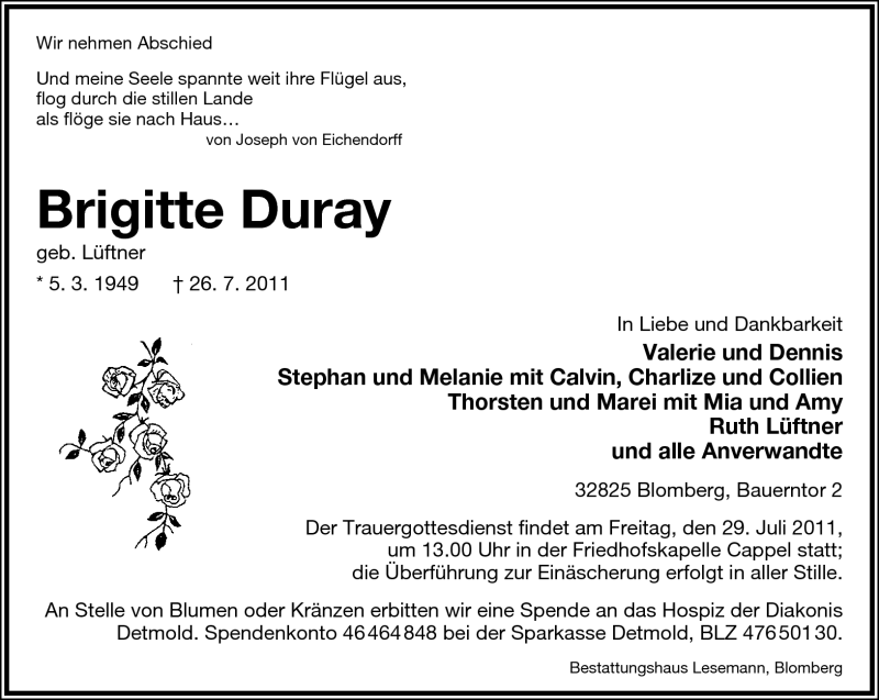  Traueranzeige für Brigitte Duray vom 28.07.2011 aus Lippische Landes-Zeitung