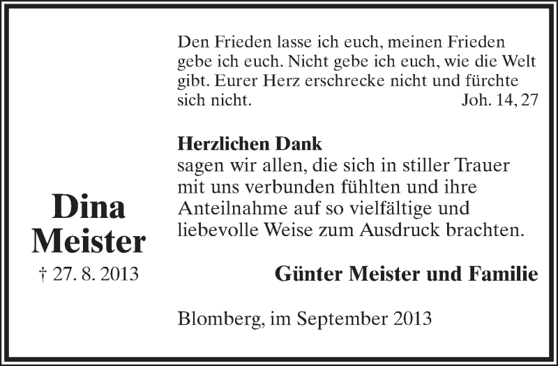  Traueranzeige für Dina Meister vom 21.09.2013 aus Lippische Landes-Zeitung