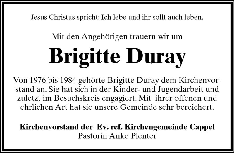  Traueranzeige für Brigitte Duray vom 30.07.2011 aus Lippische Landes-Zeitung