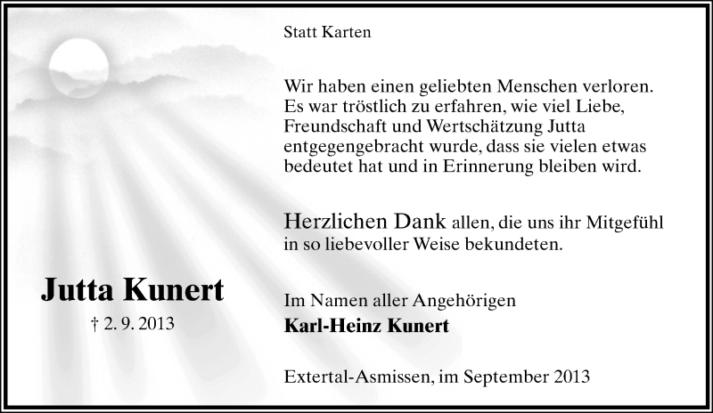  Traueranzeige für Jutta Kunert vom 28.09.2013 aus Lippische Landes-Zeitung