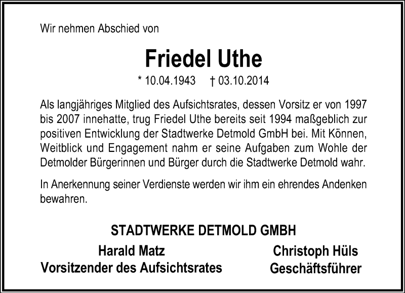  Traueranzeige für Friedel Uthe vom 11.10.2014 aus Lippische Landes-Zeitung