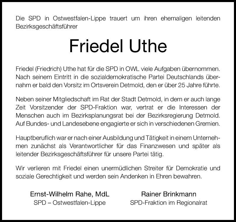  Traueranzeige für Friedel Uthe vom 11.10.2014 aus Lippische Landes-Zeitung