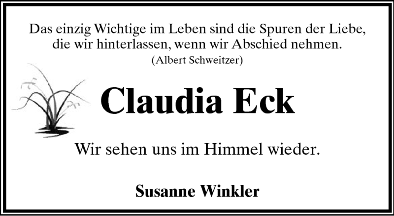  Traueranzeige für Claudia Eck vom 06.08.2011 aus Lippische Landes-Zeitung