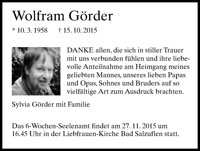  Traueranzeige für Wolfram Görder vom 21.11.2015 aus Lippische Landes-Zeitung