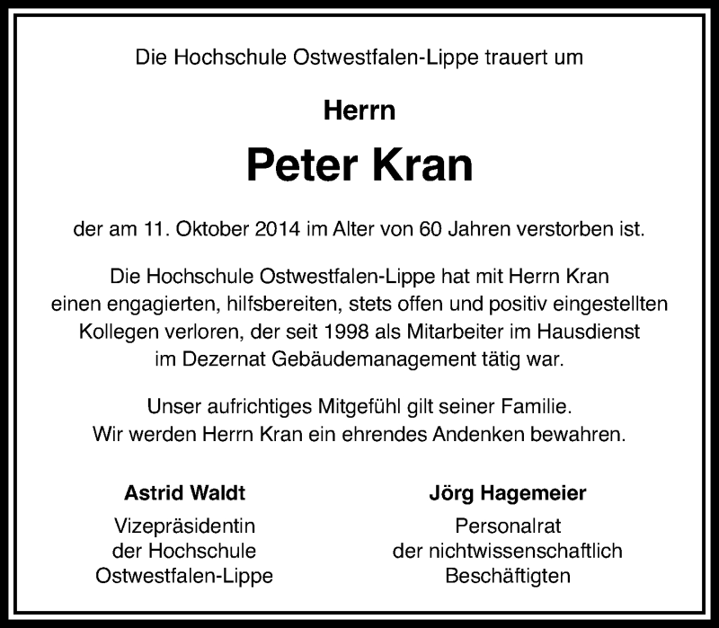  Traueranzeige für Peter Kran vom 18.10.2014 aus Lippische Landes-Zeitung