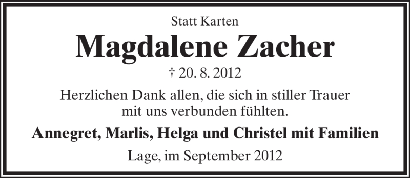  Traueranzeige für Magdalene Zacher vom 08.09.2012 aus Lippische Landes-Zeitung
