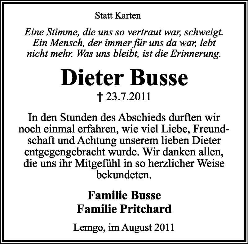  Traueranzeige für Dieter Busse vom 13.08.2011 aus Lippische Landes-Zeitung