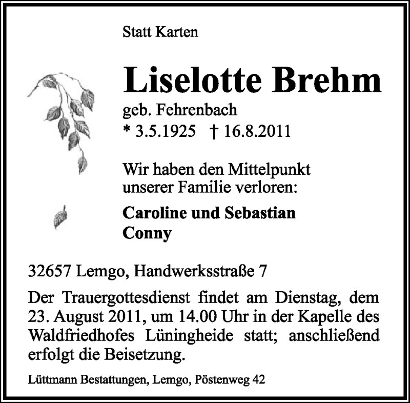  Traueranzeige für Lieselotte Brehm vom 20.08.2011 aus Lippische Landes-Zeitung