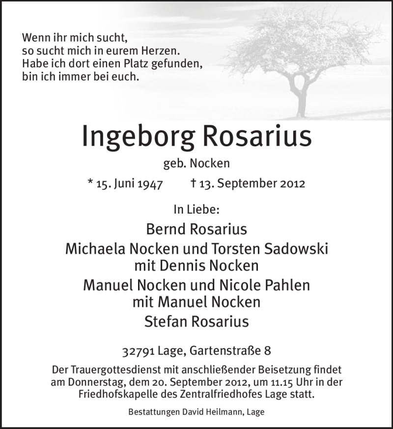  Traueranzeige für Ingeborg Rosarius vom 17.09.2012 aus Lippische Landes-Zeitung