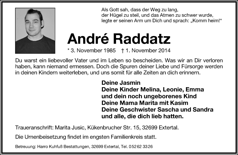  Traueranzeige für André Raddatz vom 08.11.2014 aus Lippische Landes-Zeitung