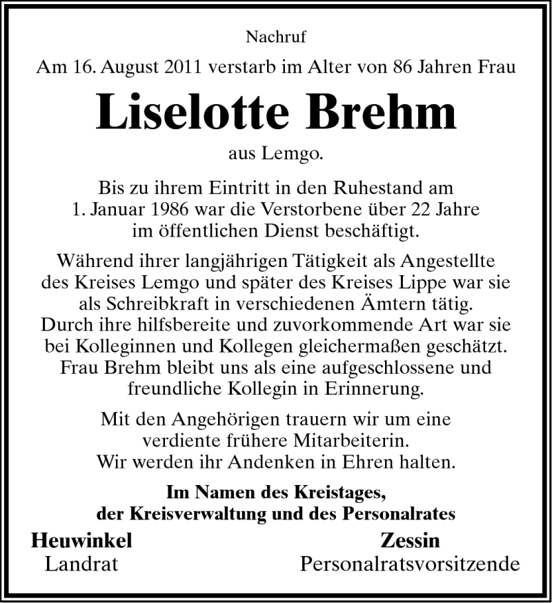  Traueranzeige für Liselotte Brehm vom 27.08.2011 aus Lippische Landes-Zeitung