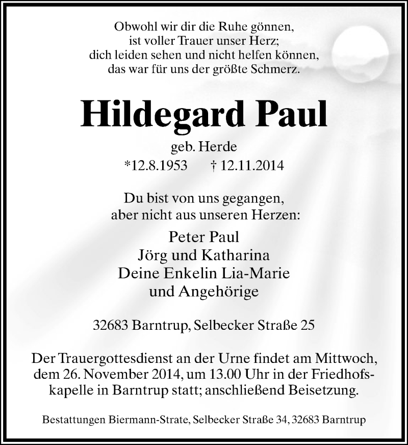  Traueranzeige für Hildegard Paul vom 22.11.2014 aus Lippische Landes-Zeitung