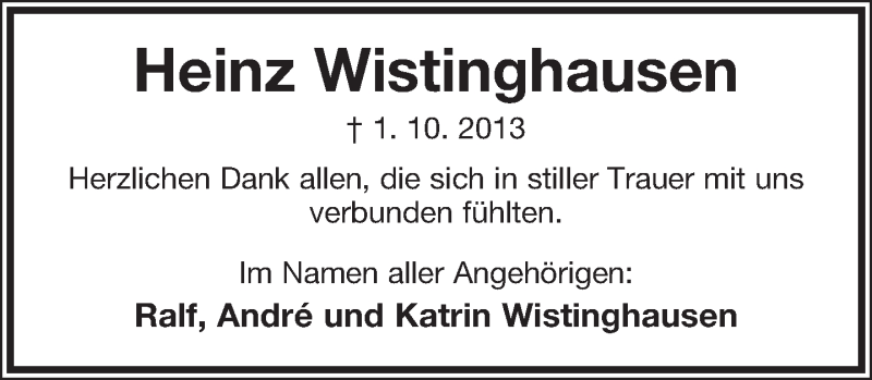  Traueranzeige für Heinz Wistinghausen vom 09.11.2013 aus Lippische Landes-Zeitung