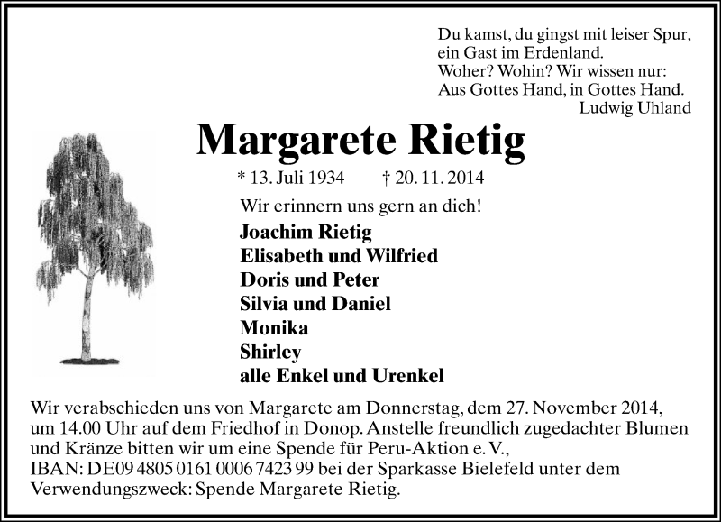  Traueranzeige für Margarete Rietig vom 25.11.2014 aus Lippische Landes-Zeitung