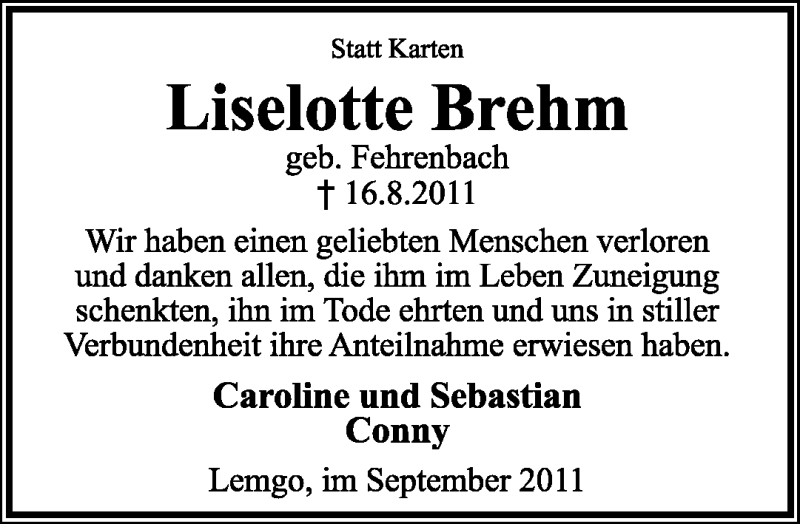  Traueranzeige für Liselotte Brehm vom 10.09.2011 aus Lippische Landes-Zeitung