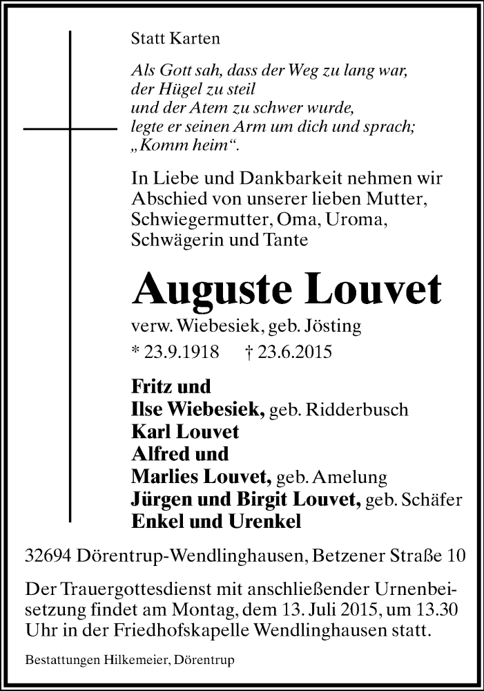  Traueranzeige für Auguste Louvet vom 27.06.2015 aus Lippische Landes-Zeitung
