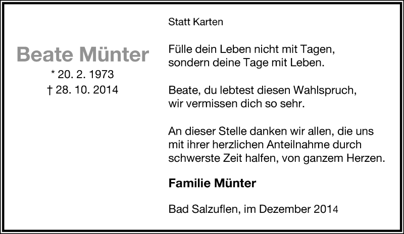  Traueranzeige für Beate Münter vom 06.12.2014 aus Lippische Landes-Zeitung