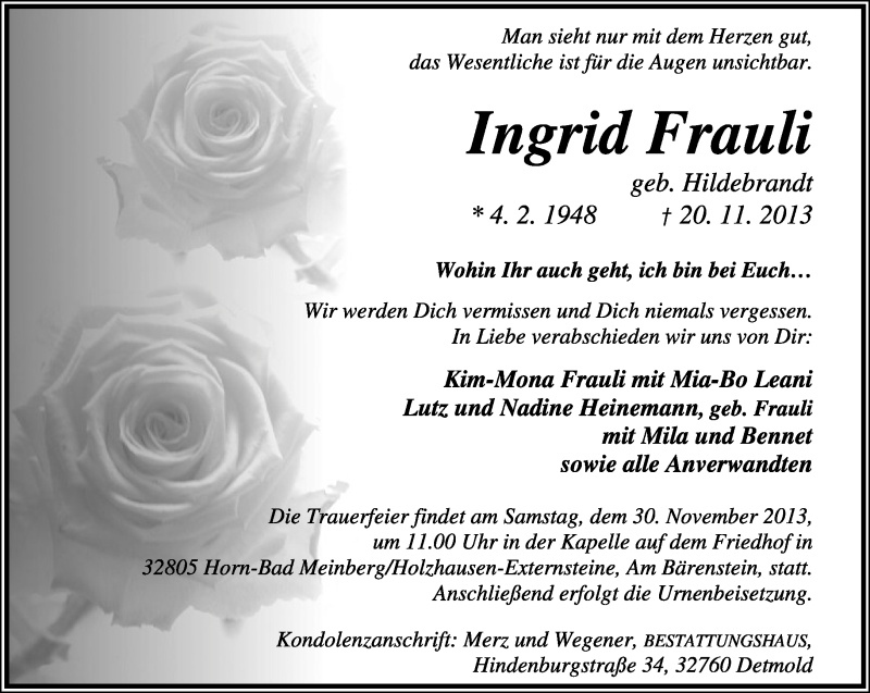  Traueranzeige für Ingrid Frauli vom 27.11.2013 aus Lippische Landes-Zeitung