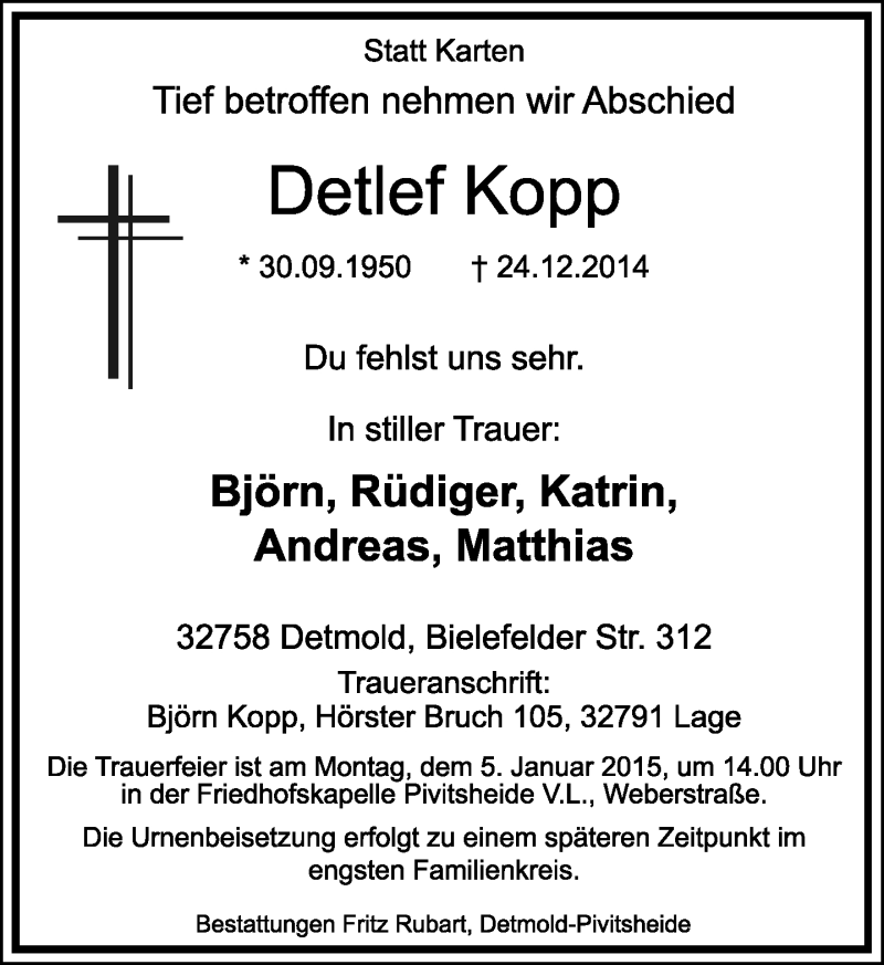 Traueranzeige für Detlef Kopp vom 31.12.2014 aus Lippische Landes-Zeitung