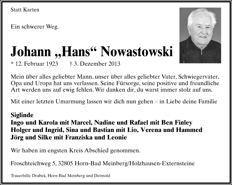  Traueranzeige für Joahnn Nowastowski vom 07.12.2013 aus Lippische Landes-Zeitung