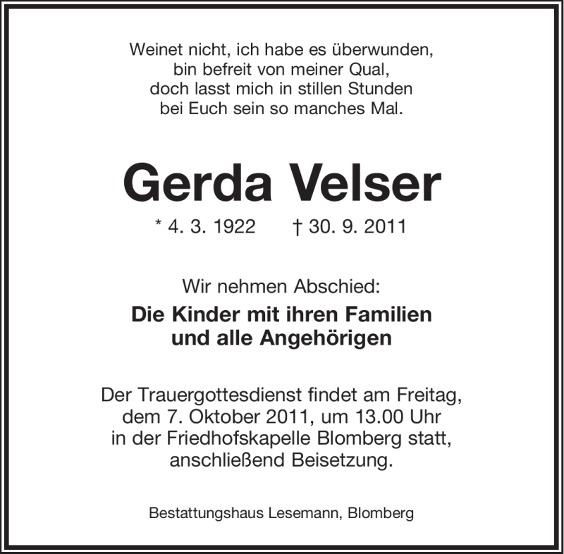  Traueranzeige für Gerda Velser vom 05.10.2011 aus Lippische Landes-Zeitung
