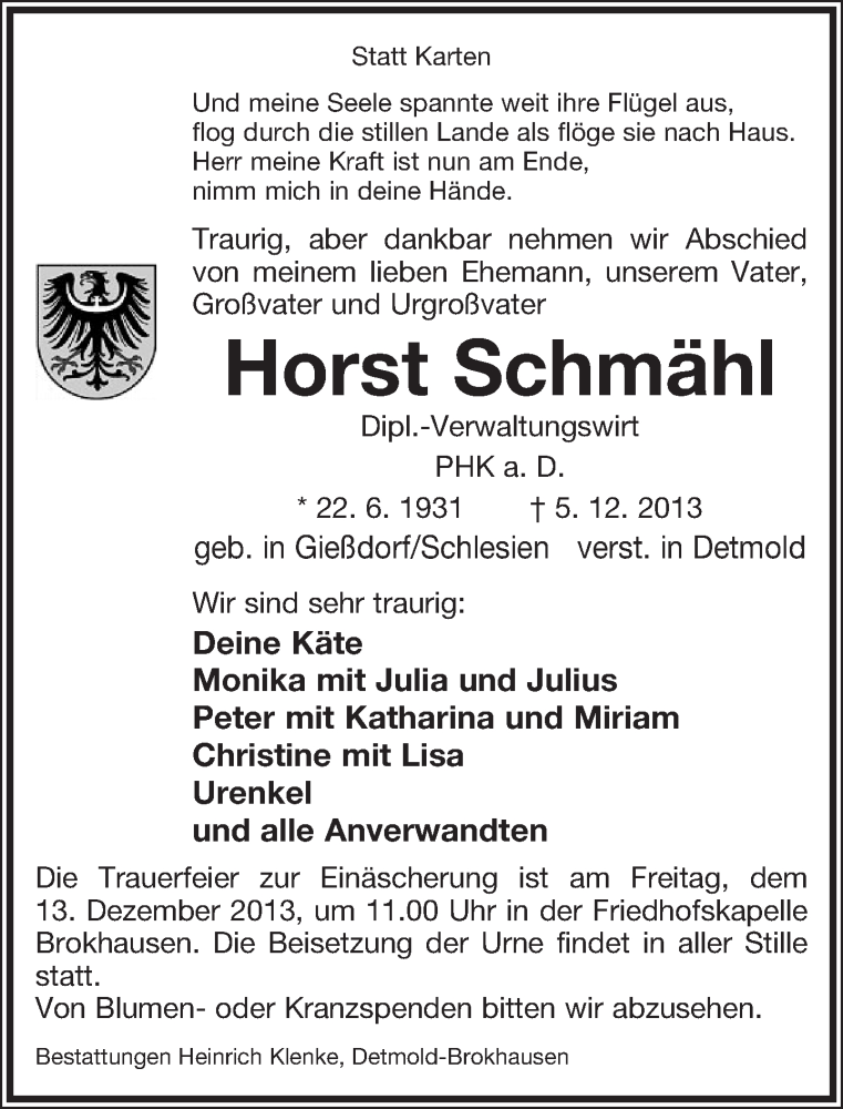  Traueranzeige für Horst Schmähl vom 11.12.2013 aus Lippische Landes-Zeitung