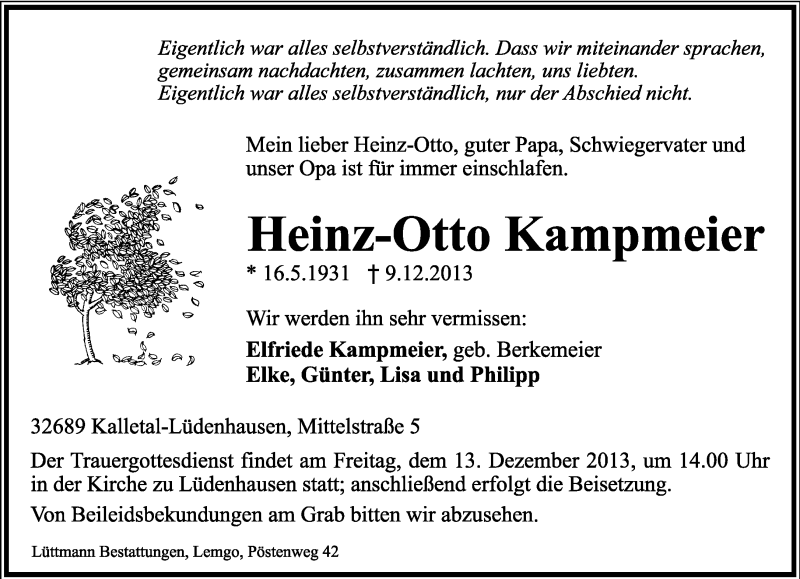  Traueranzeige für Heinz-Otto Kampmeier vom 11.12.2013 aus Lippische Landes-Zeitung