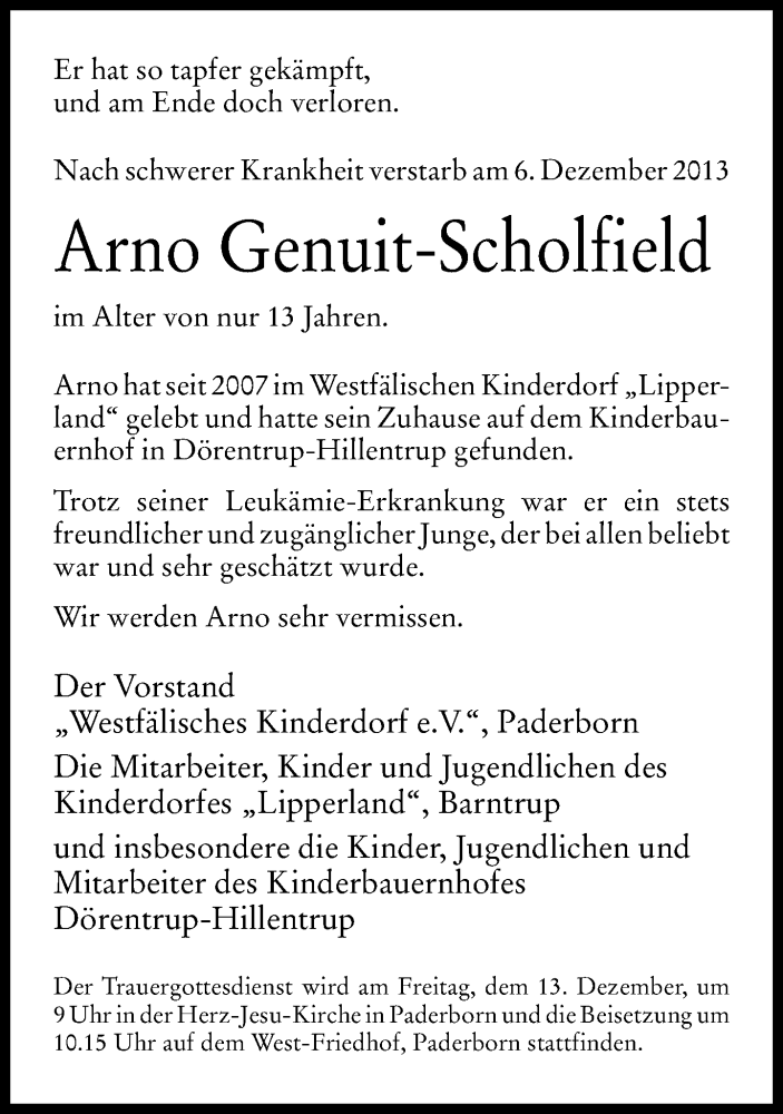  Traueranzeige für Arno Genuit-Scholfield vom 11.12.2013 aus Lippische Landes-Zeitung