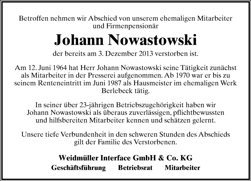  Traueranzeige für Johann Nowastowski vom 14.12.2013 aus Lippische Landes-Zeitung