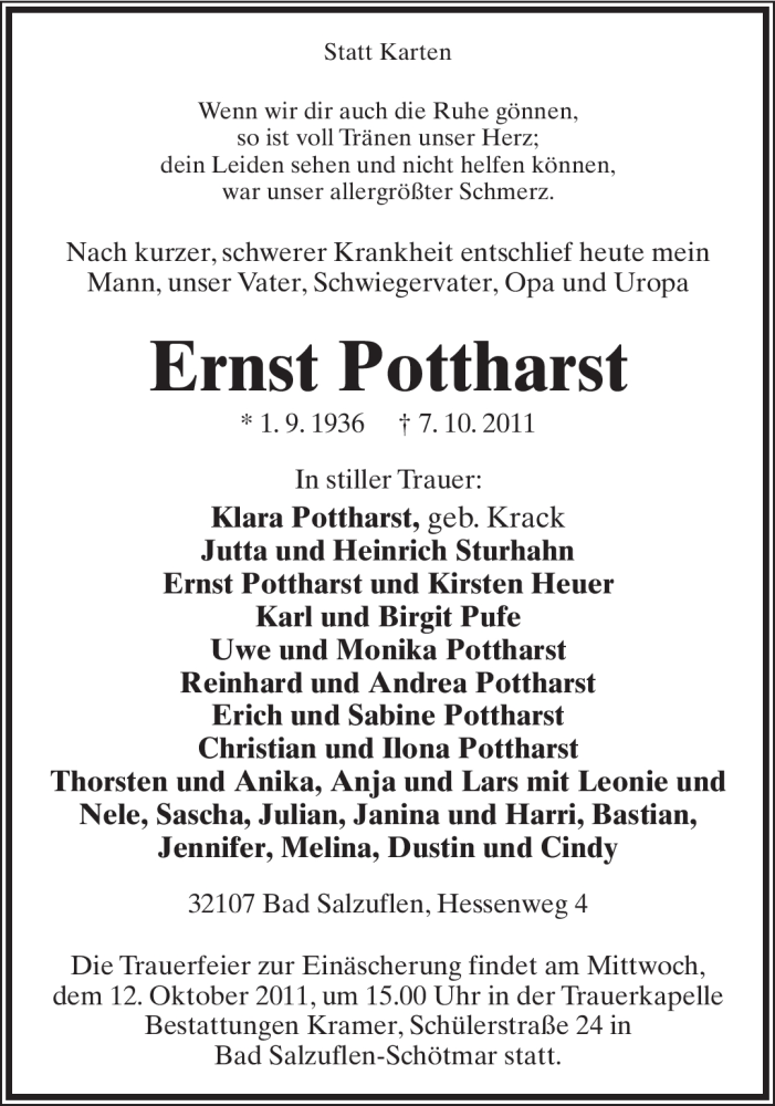  Traueranzeige für Ernst Pottharst vom 10.10.2011 aus Lippische Landes-Zeitung