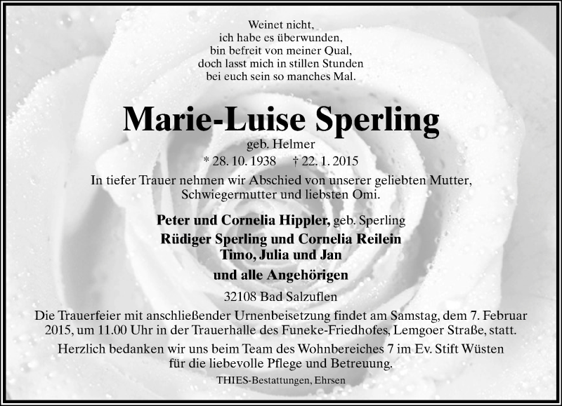  Traueranzeige für Marie-Luise Sperling vom 31.01.2015 aus Lippische Landes-Zeitung