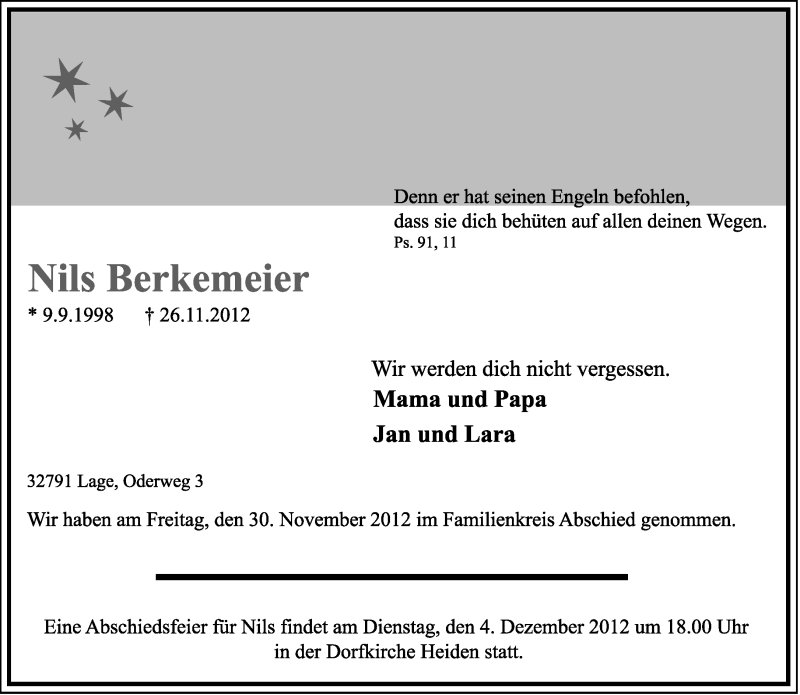  Traueranzeige für Nils Berkemeier vom 01.12.2012 aus Lippische Landes-Zeitung