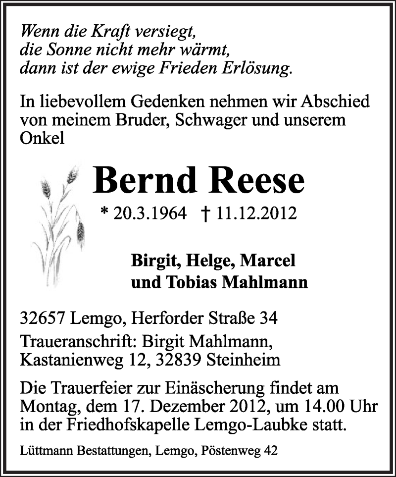  Traueranzeige für Bernd Reese vom 12.12.2012 aus Lippische Landes-Zeitung