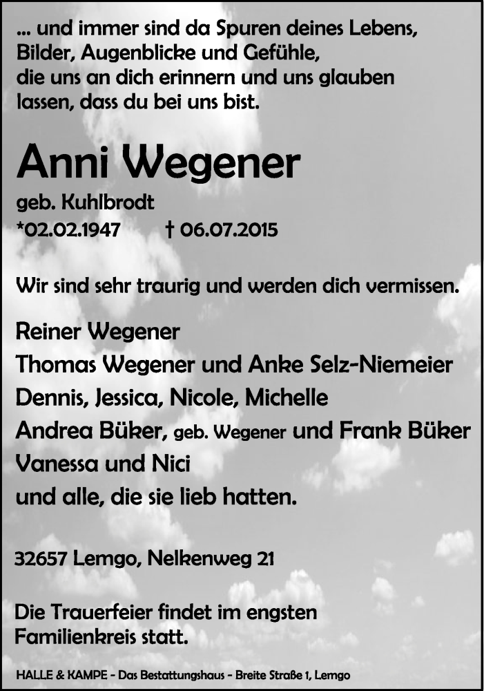  Traueranzeige für Anni Wegener vom 11.07.2015 aus Lippische Landes-Zeitung
