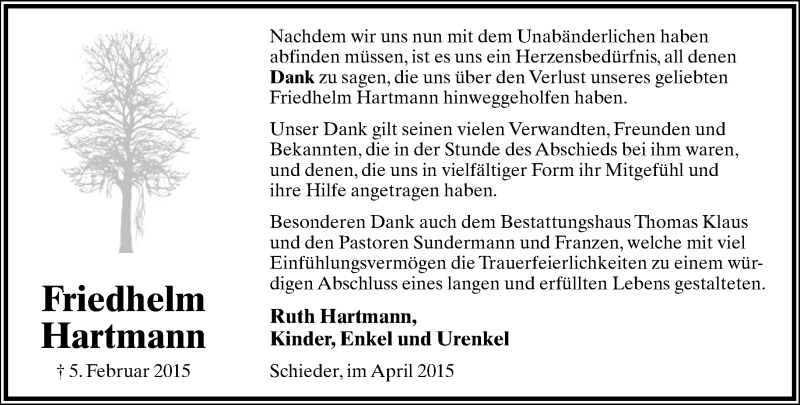  Traueranzeige für Friedhelm Hartmann vom 03.04.2015 aus Lippische Landes-Zeitung