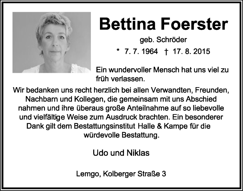  Traueranzeige für Bettina Foerster vom 10.10.2015 aus Lippische Landes-Zeitung
