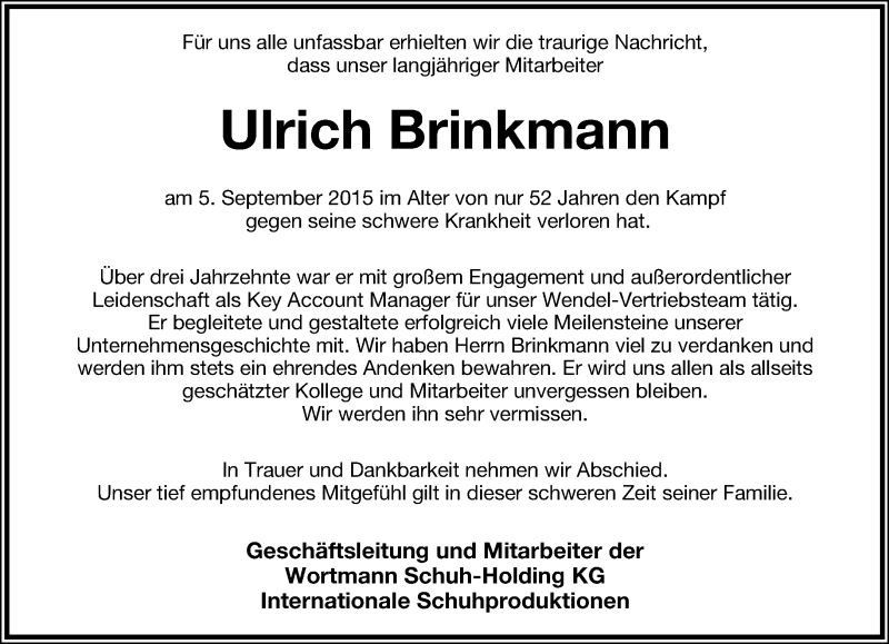  Traueranzeige für Ulrich Brinkmann vom 09.09.2015 aus Lippische Landes-Zeitung