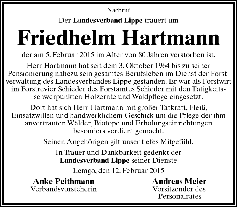  Traueranzeige für Friedhelm Hartmann vom 16.02.2015 aus Lippische Landes-Zeitung