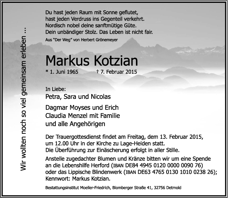  Traueranzeige für Markus Kotzian vom 10.02.2015 aus Lippische Landes-Zeitung