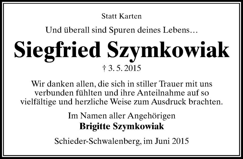 Traueranzeige für Siegfried Szymkowiak vom 13.06.2015 aus Lippische Landes-Zeitung