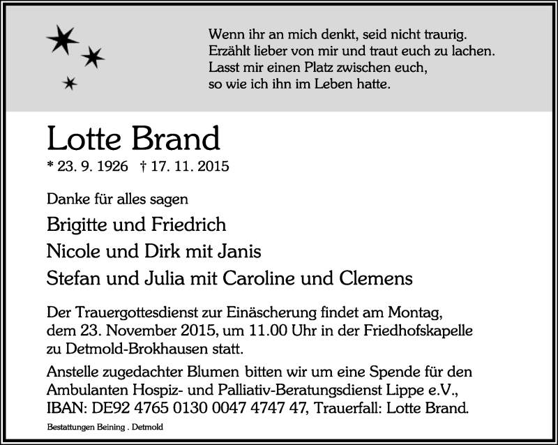  Traueranzeige für Lotte Brand vom 21.11.2015 aus Lippische Landes-Zeitung