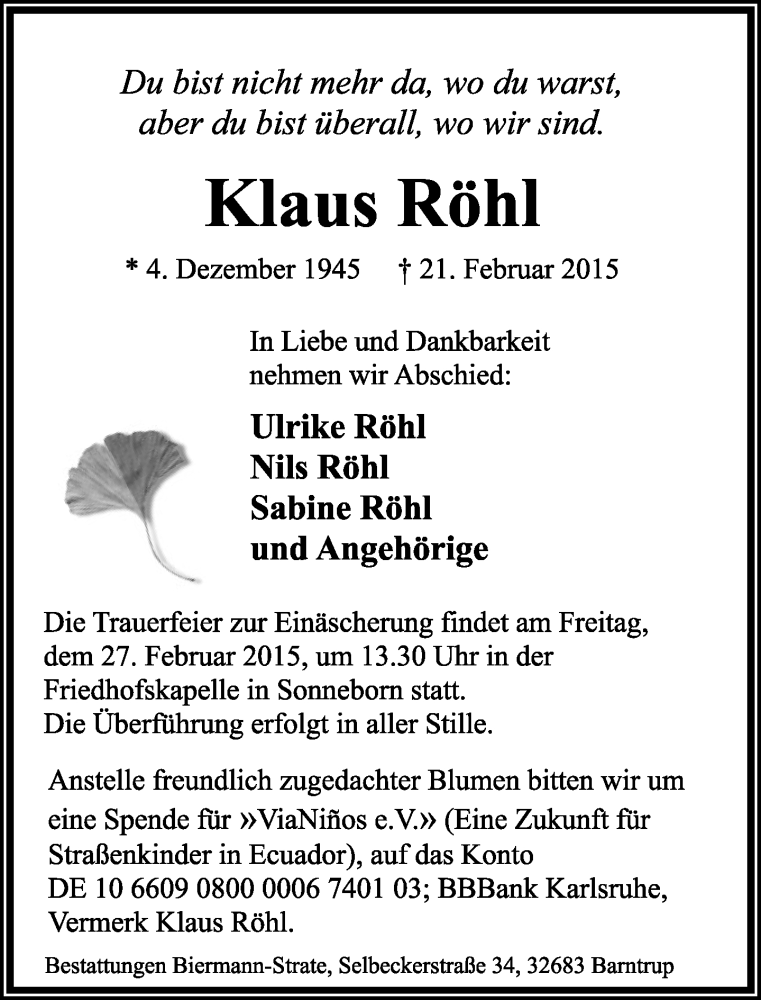  Traueranzeige für Klaus Röhl vom 25.02.2015 aus Lippische Landes-Zeitung