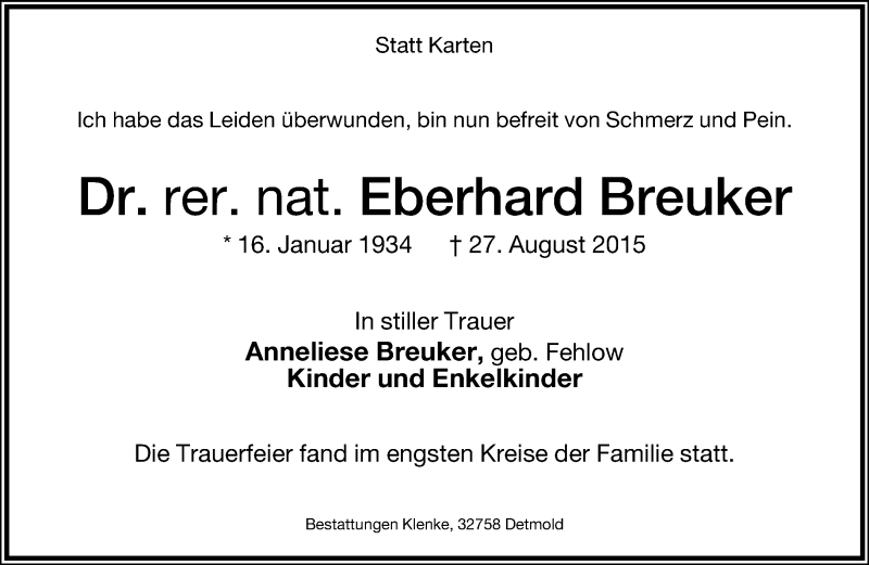  Traueranzeige für Eberhard Breuker vom 08.09.2015 aus Lippische Landes-Zeitung