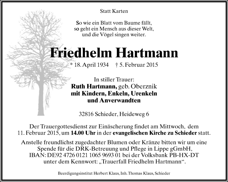  Traueranzeige für Friedhelm Hartmann vom 07.02.2015 aus Lippische Landes-Zeitung