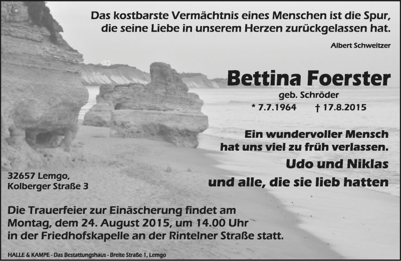  Traueranzeige für Bettina Foerster vom 22.08.2015 aus Lippische Landes-Zeitung