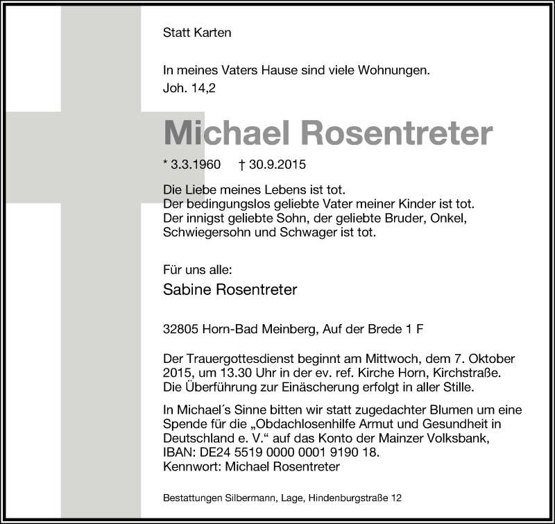  Traueranzeige für Michael Rosentreter vom 03.10.2015 aus Lippische Landes-Zeitung