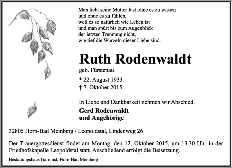  Traueranzeige für Ruth Rodenwaldt vom 09.10.2015 aus Lippische Landes-Zeitung