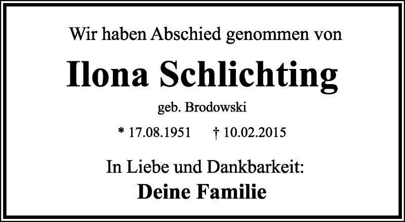  Traueranzeige für Ilona Schlichting vom 18.02.2015 aus Lippische Landes-Zeitung