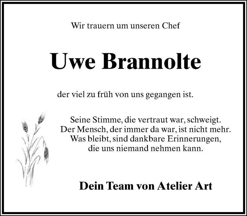  Traueranzeige für Uwe Brannolte vom 17.04.2015 aus Lippische Landes-Zeitung